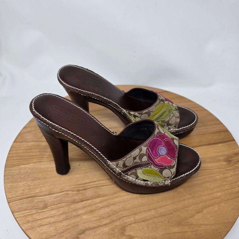 Vtg Coach Sandals Womens 6 Katalina Floral Slide Brown High Heel Canvas Y2K